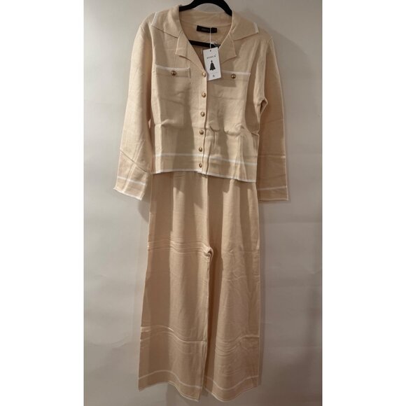 Zesica Womens Beige Knit Pant Set With Button-Down Lapel Top & Wide Leg Pants Co - Picture 5 of 5